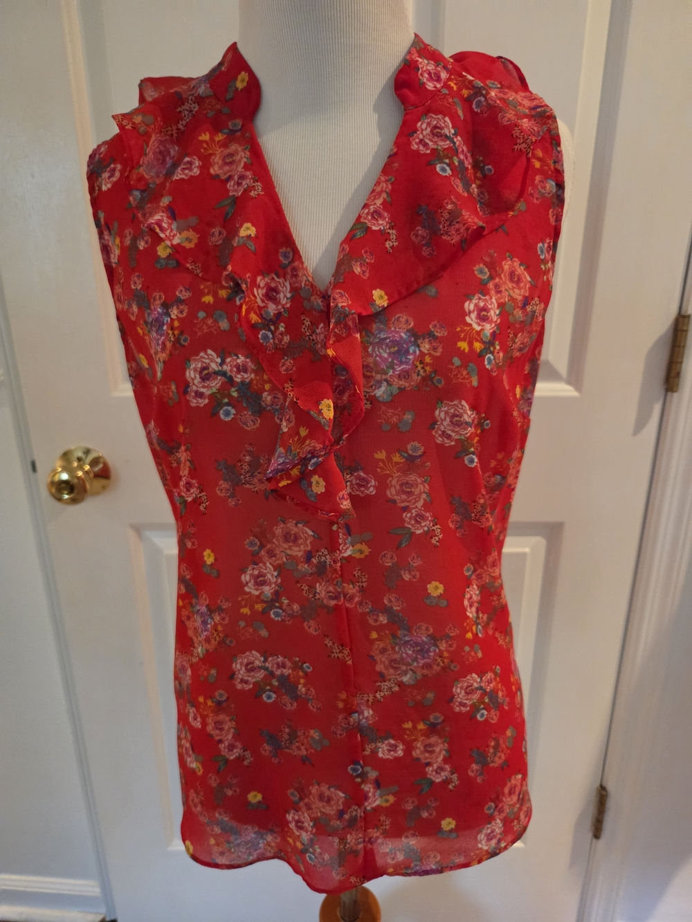 CAbi Coral Red Floral Sleeveless Top
